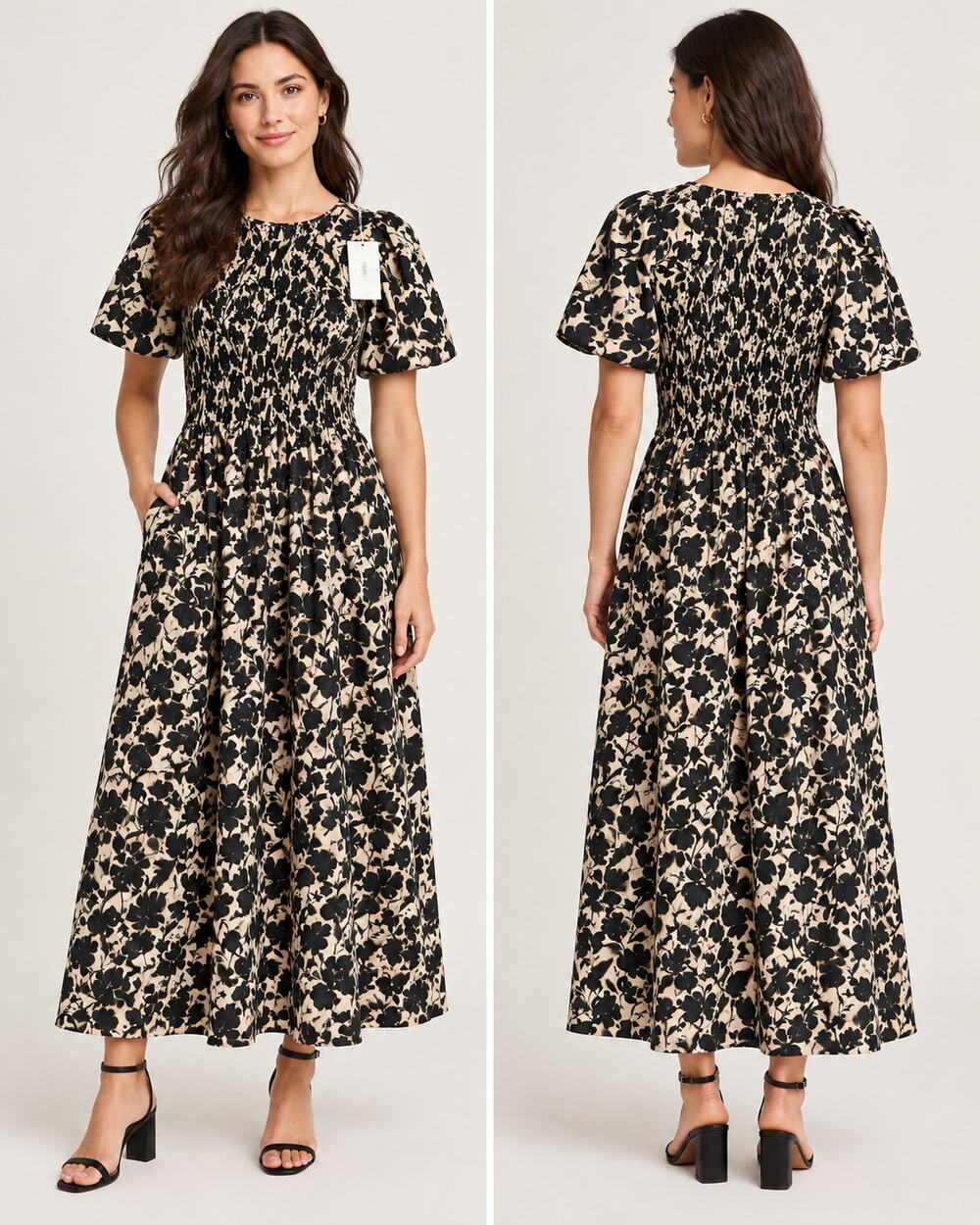 J.Crew Womens Tall S Floral Smocked Midi Maxi Dress Black Tan Cotton NWT